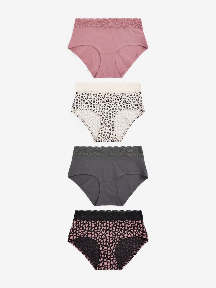 Schwarz/Grau/Creme/Rosa/Bedruckt - Slips aus Baumwolle und Spitze 4er-Pack - Bild 1 von 8