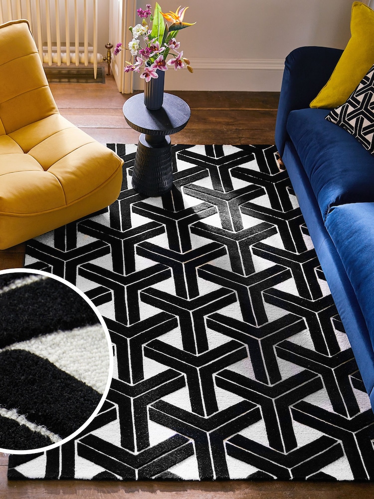 Black/White Geometric Rug - Image 1 of 7