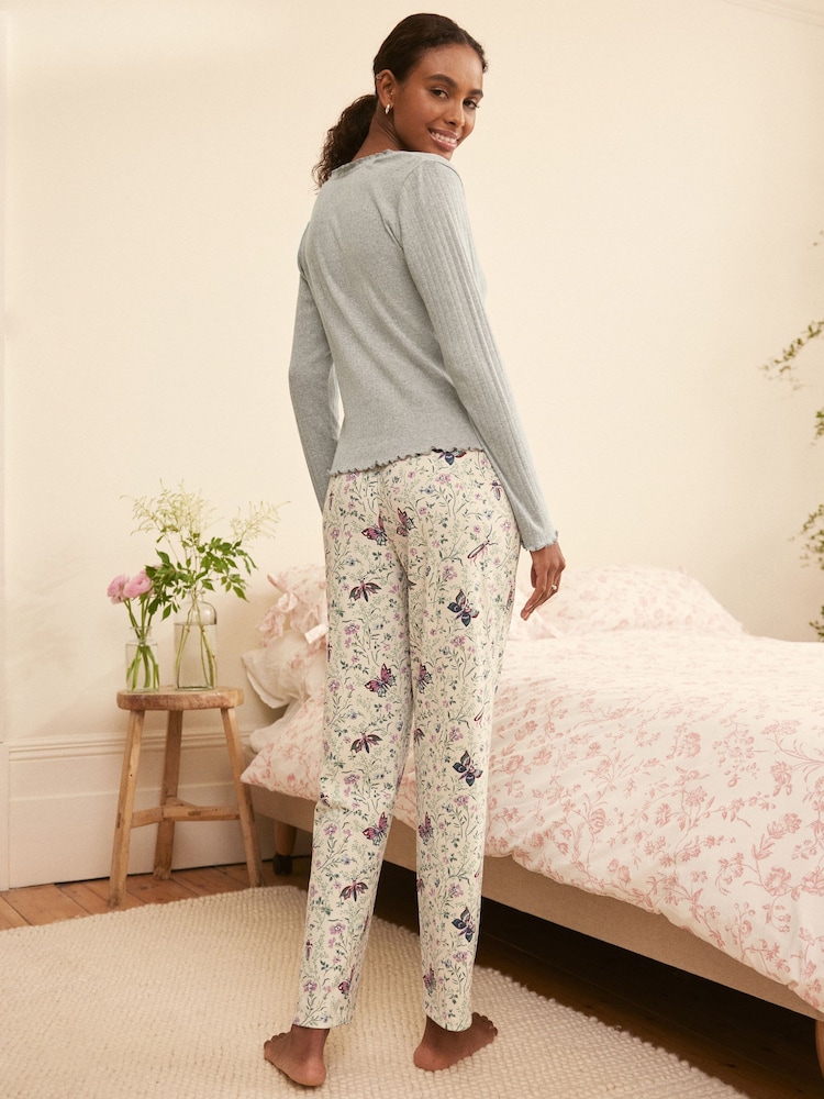 Laura Ashley Grey/ Ecru Shenley Garden Rib Square Neck Top and Trousers Pjyamas - Image 1 of 10