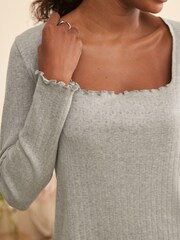 Laura Ashley Grey/ Ecru Shenley Garden Rib Square Neck Top and Trousers Pjyamas - Image 5 of 10