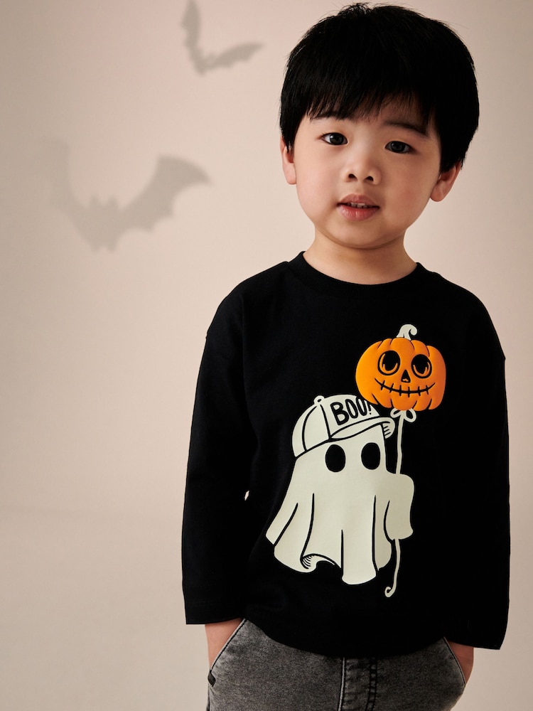 Black Ghost Halloween 100% Cotton Long Sleeve T-Shirt (3mths-7yrs) - Image 2 of 5