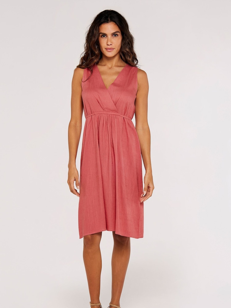 Apricot Pink X-Over Pleated Linen Mix Dress - Image 1 of 4