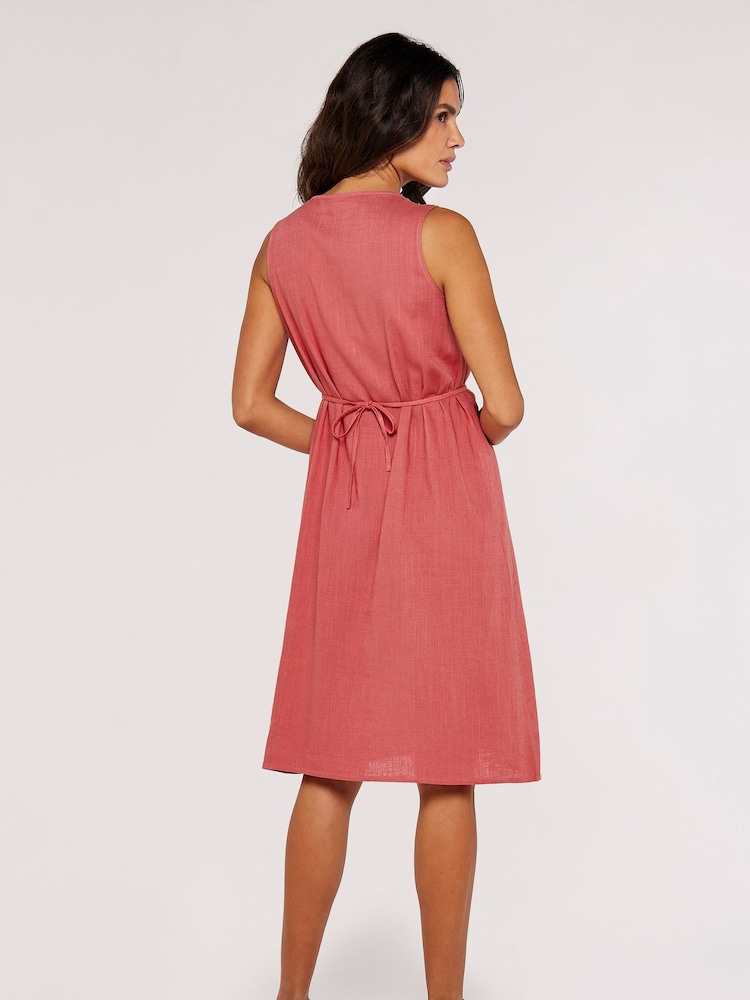 Apricot Pink X-Over Pleated Linen Mix Dress - Image 2 of 4