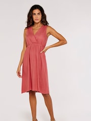 Apricot Pink X-Over Pleated Linen Mix Dress - Image 3 of 4