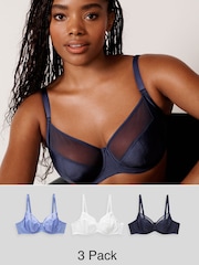 White/Navy Blue/Soft Blue DD+ Non Pad Full Cup Bras 3 Pack with Side Support - Image 1 of 6