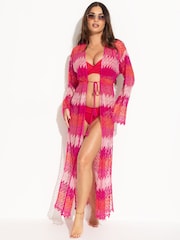 Pour Moi Red Colour Block Crochet Co-Ord Maxi Beach Kimono - Image 2 of 5