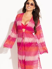 Pour Moi Red Colour Block Crochet Co-Ord Maxi Beach Kimono - Image 3 of 5