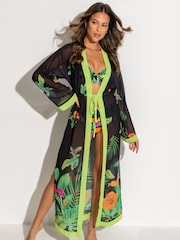 Pour Moi Black Floral Print Chiffon Maxi Beach Kimono - Image 1 of 4