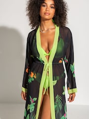 Pour Moi Black Floral Print Chiffon Maxi Beach Kimono - Image 2 of 4