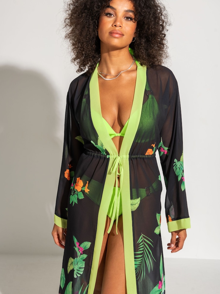 Pour Moi Black Floral Print Chiffon Maxi Beach Kimono - Image 2 of 4