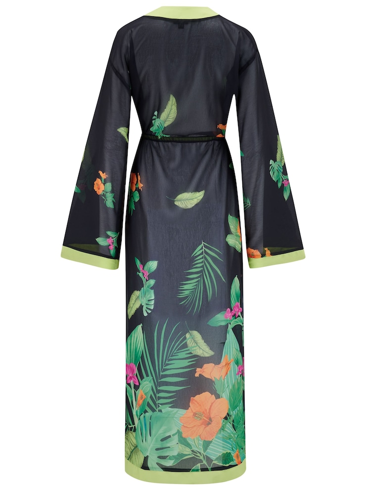 Pour Moi Black Floral Print Chiffon Maxi Beach Kimono - Image 4 of 4
