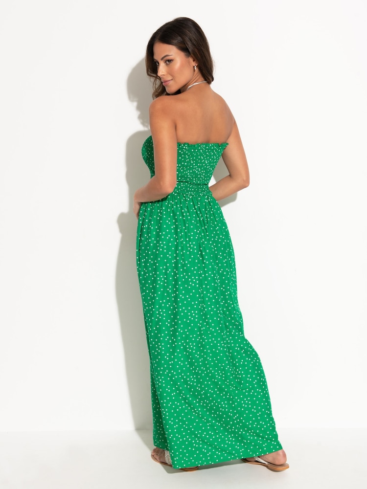 Pour Moi Green Spot Strapless Shirred Bodice Woven Maxi Beach Dress - Image 1 of 4