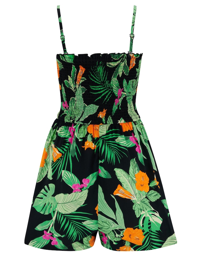 Pour Moi Black & Green Tropical Strapless Shirred Bodice Playsuit - Image 4 of 4