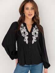 Pour Moi Black Stacie Fuller Bust Embroidered Woven Long Sleeve Blouse - Image 1 of 4