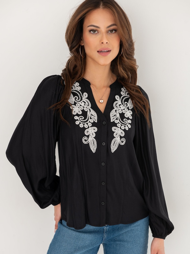Pour Moi Black Stacie Fuller Bust Embroidered Woven Long Sleeve Blouse - Image 1 of 4