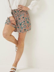 FatFace Orange Shirred Sketched Floral Flippy Shorts - Image 1 of 5