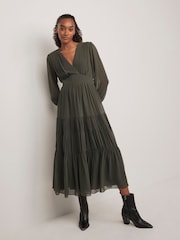 Mint Velvet Green V-Neck Tiered Midi Dress - Image 1 of 1