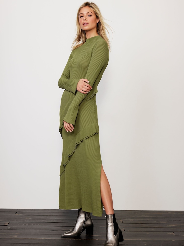 Mint Velvet Green Ruffle Detail Knit Dress - Image 2 of 9