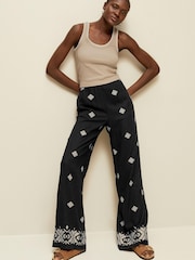 Black Embroidered Wide Leg Trousers With Linen - Image 1 of 7