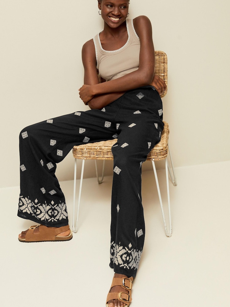 Black Embroidered Wide Leg Trousers With Linen - Image 2 of 7 Black Embroidered Wide Leg Trousers With Linen - Image 2 of 7