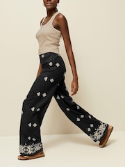 Black Embroidered Wide Leg Trousers With Linen - Image 3 of 7
