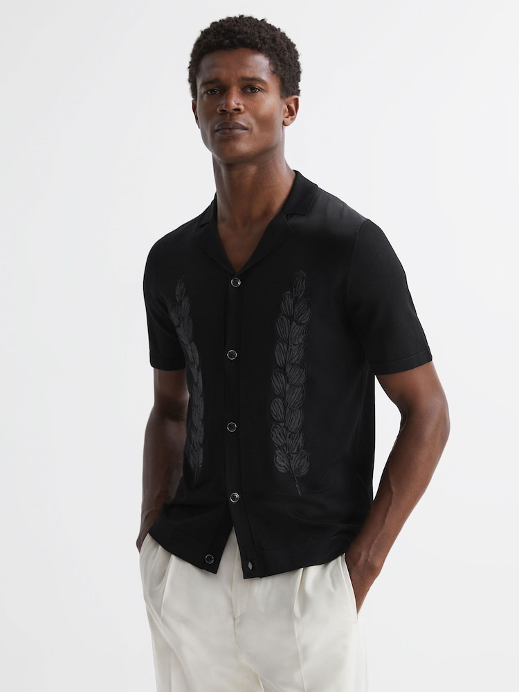 Reiss Black Script Embroidered Cuban Collar Button Through T-Shirt - Image 1 of 4