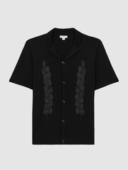 Reiss Black Script Embroidered Cuban Collar Button Through T-Shirt - Image 2 of 4