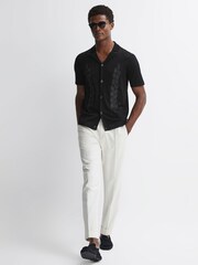 Reiss Black Script Embroidered Cuban Collar Button Through T-Shirt - Image 3 of 4
