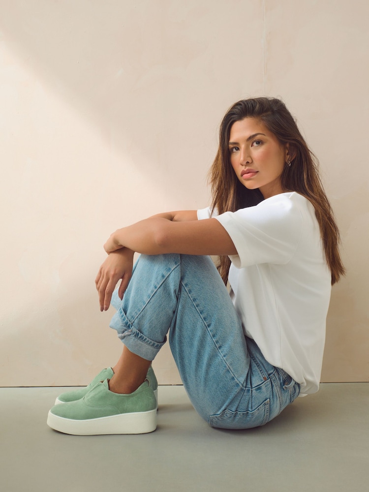 Green Slip On Signature Forever Comfort® Leather Suede Chunky Wedge Platform Trainers - Image 1 of 6