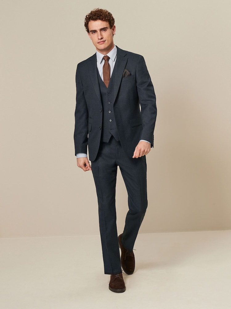 Navy Blue Slim Fit Textured Wool Suit Trousers - Image 2 of 7