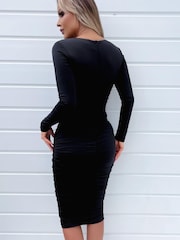 AX Paris Long Sleeve Ruched Midi Bodycon Black Dress - Image 2 of 4