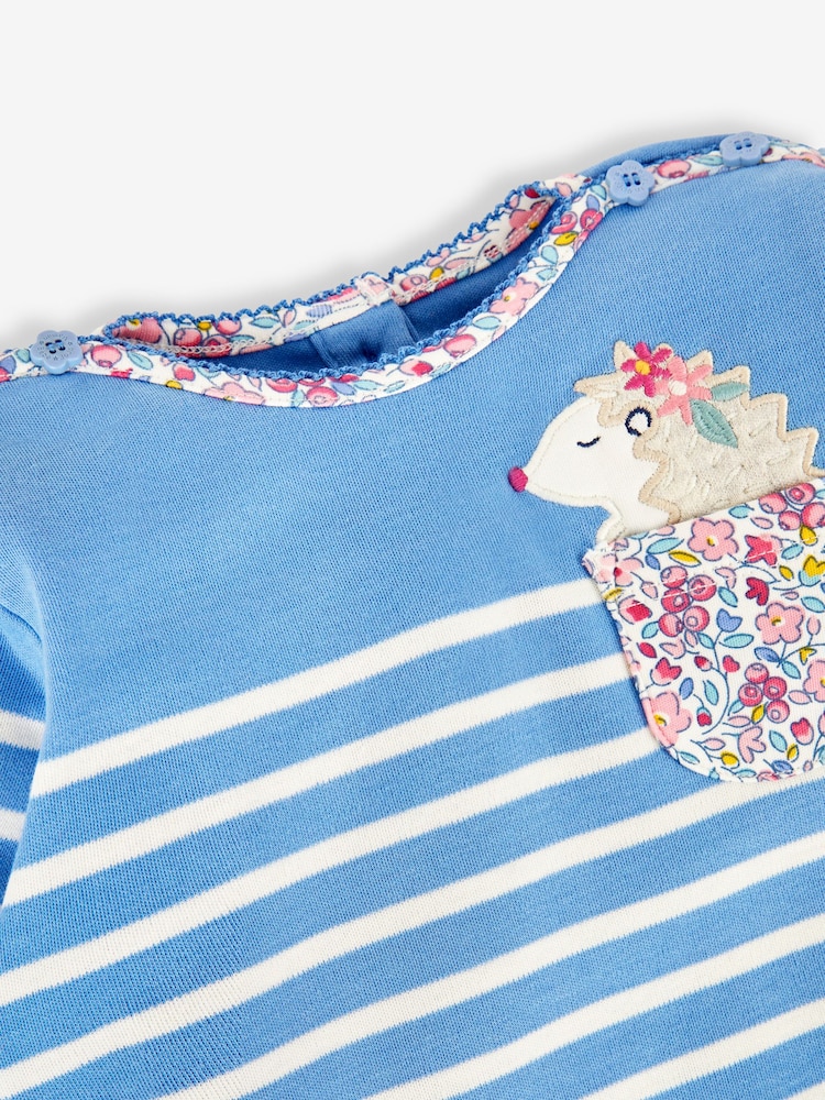 JoJo Maman Bébé Blue Girls' Hedgehog Pocket Breton Top - Image 2 of 4