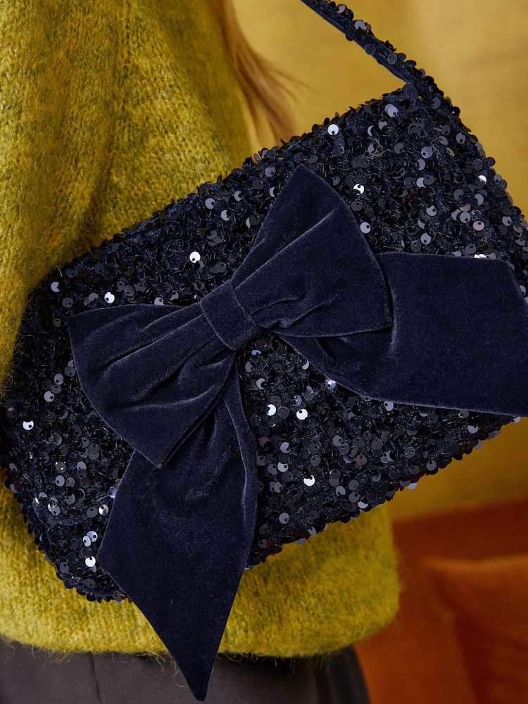 Love & Roses Navy Sequin Bow Shoulder Bag - Image 2 of 8 Love & Roses Navy Sequin Bow Shoulder Bag - Image 2 of 8