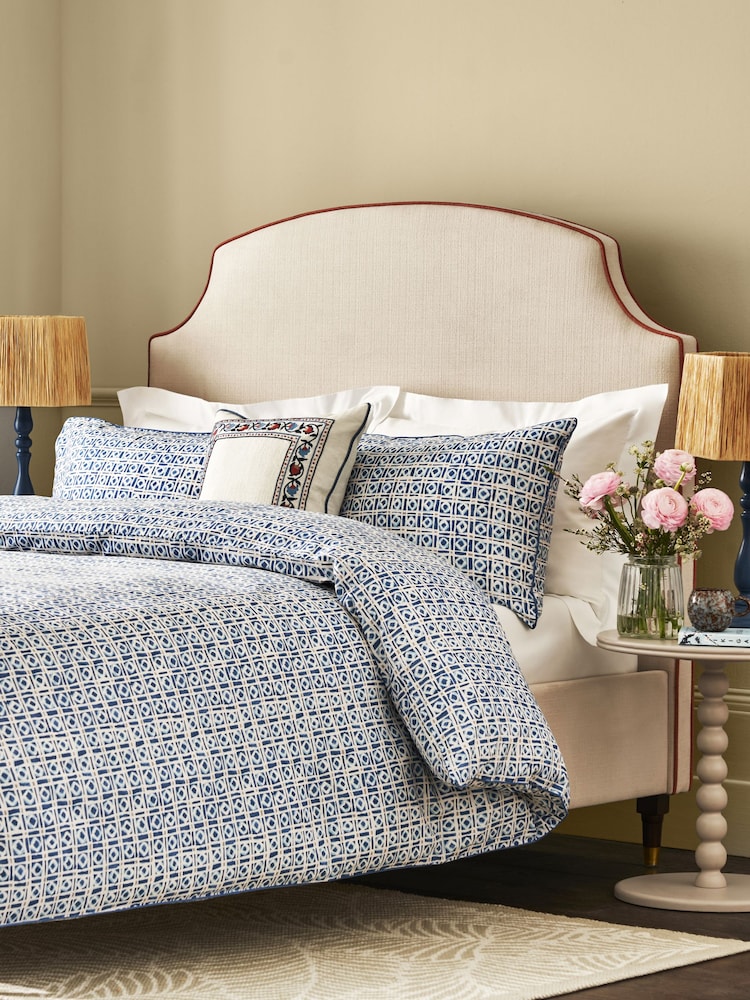 Nina Campbell Navy Blue 180 Thread Count 100% Cotton Batik Check Duvet Cover and Pillowcase Set - Image 1 of 4