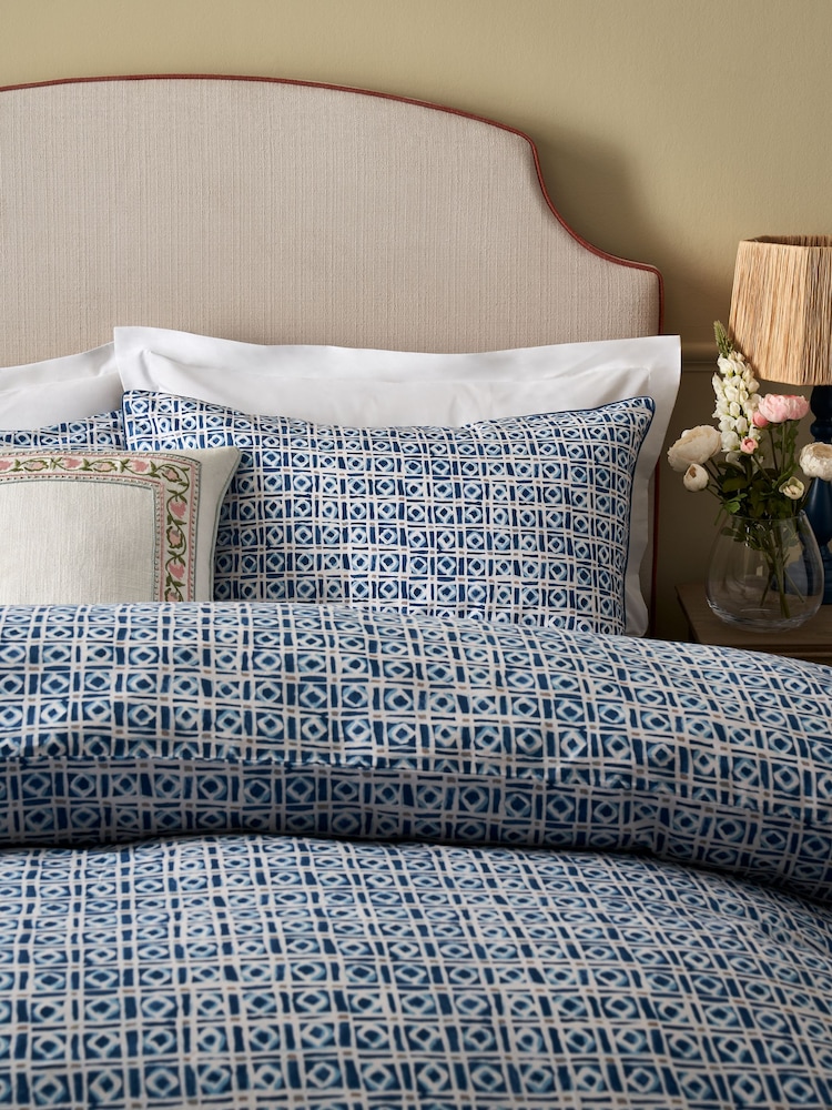 Nina Campbell Navy Blue 180 Thread Count 100% Cotton Batik Check Duvet Cover and Pillowcase Set - Image 2 of 4