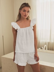 White Broderie Ruffle Vest Short Set 100% Cotton Pyjamas - Image 2 of 10