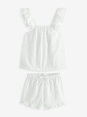 White Broderie Ruffle Vest Short Set 100% Cotton Pyjamas - Image 7 of 10
