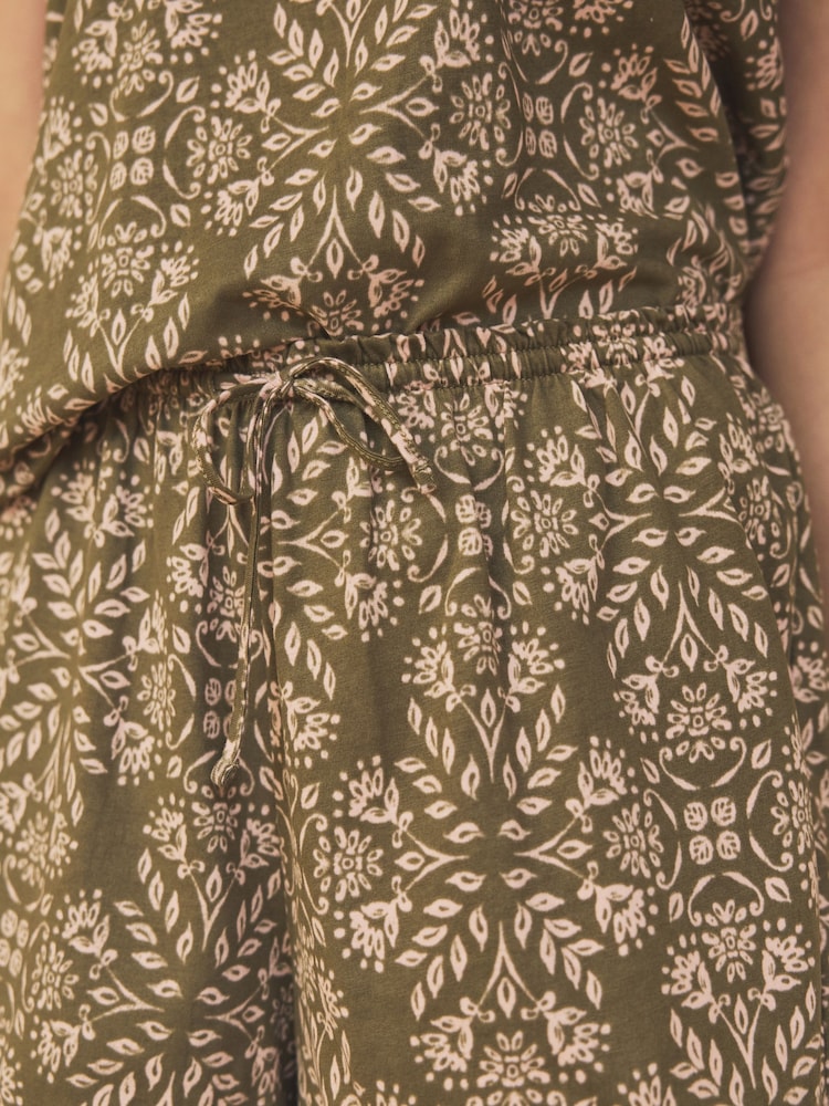 Khaki Green/Pink Woodblock 100% Cotton Vest Short Pyjamas Set - Image 5 of 5 Khaki Green/Pink Woodblock 100% Cotton Vest Short Pyjamas Set - Image 5 of 5