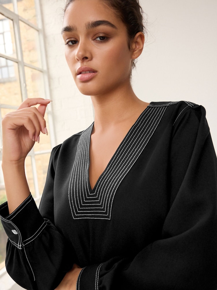 Black V-Neck Contrast Stitch Long Sleeve Blouse - Image 1 of 1 Black V-Neck Contrast Stitch Long Sleeve Blouse - Image 1 of 1