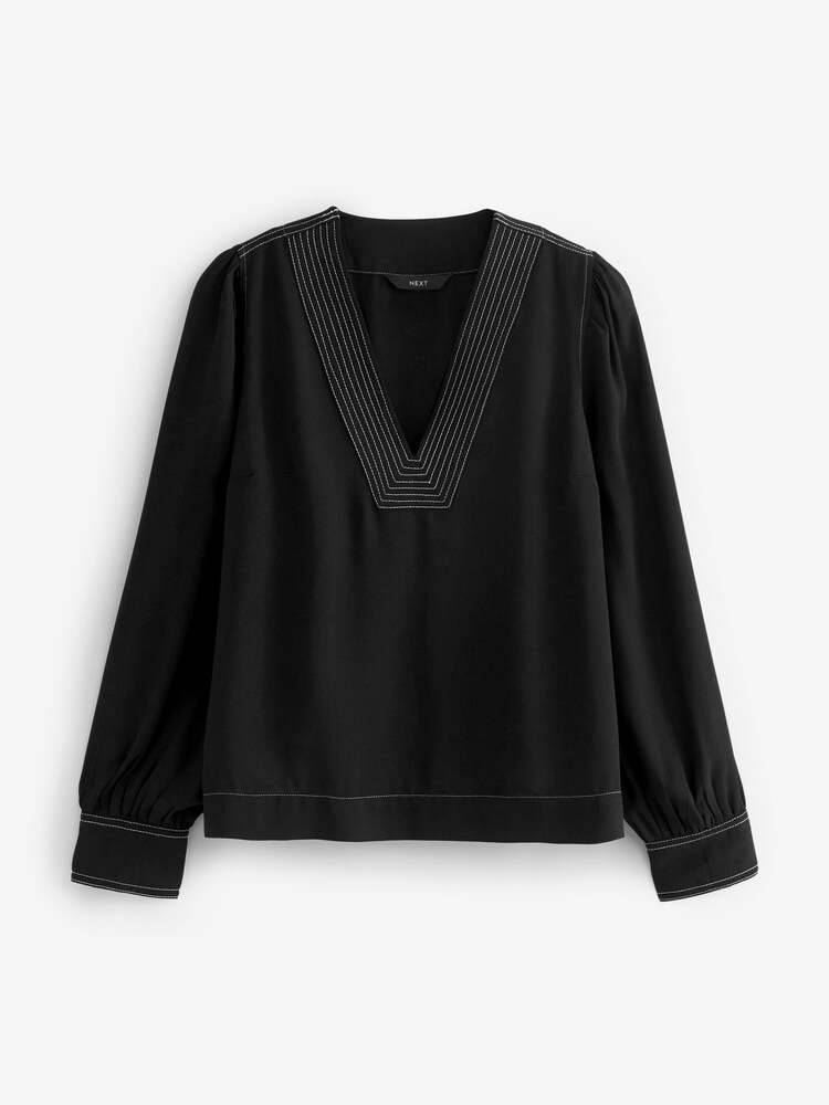 Black V-Neck Contrast Stitch Long Sleeve Blouse - Image 1 of 6 Black V-Neck Contrast Stitch Long Sleeve Blouse - Image 1 of 6