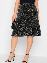 Yours Curve Black London Sequin Velvet Skater Skirt - Image 1 of 4