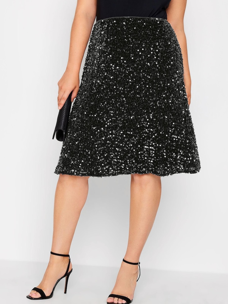 Yours Curve Black London Sequin Velvet Skater Skirt - Image 1 of 4