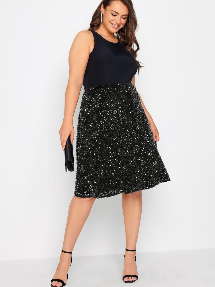 Yours Curve Black London Sequin Velvet Skater Skirt - Image 2 of 4