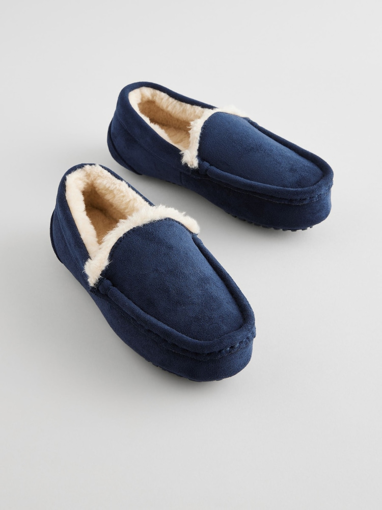 Navy Blue with Neutral Warm Lining Cosy Moccasin Slippers - Image 1 of 5