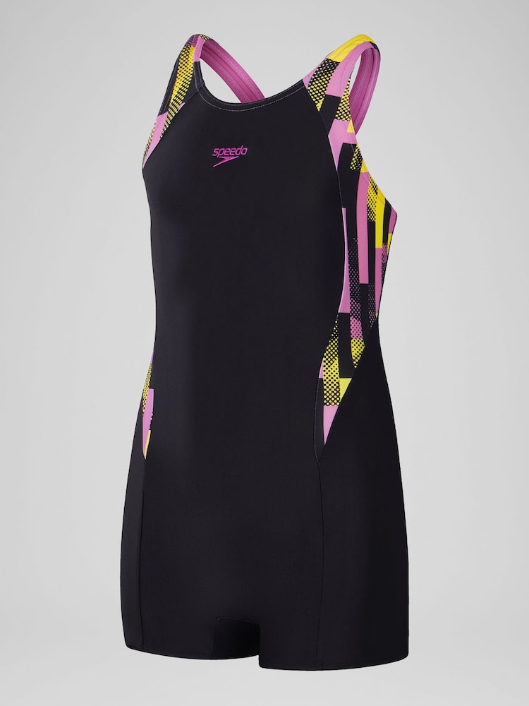Speedo Black Printed Panel Legsuit Girls Swimsuit - Image 1 of 5 Speedo Black Printed Panel Legsuit Girls Swimsuit - Image 1 of 5