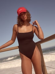 self. Black Rib Self Square Neck High Leg Swimsuit - Image 1 of 6