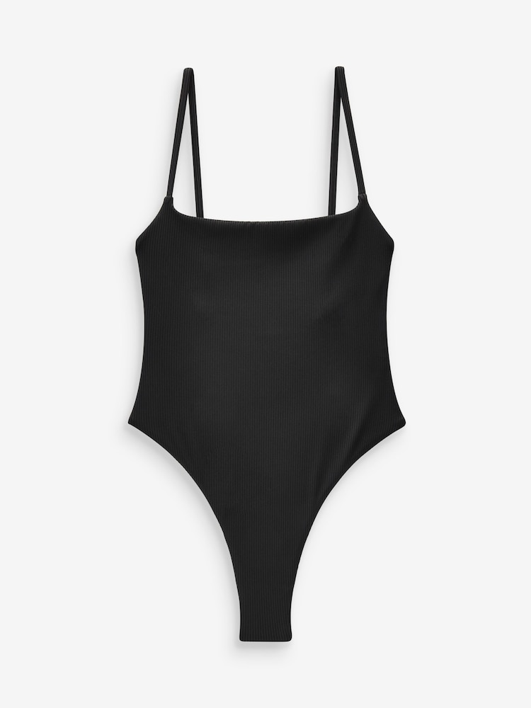 self. Black Rib Self Square Neck High Leg Swimsuit - Image 6 of 6