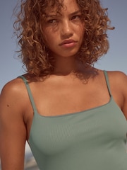 self. Khaki Green Rib Self Square Neck High Leg Swimsuit - Image 6 of 7