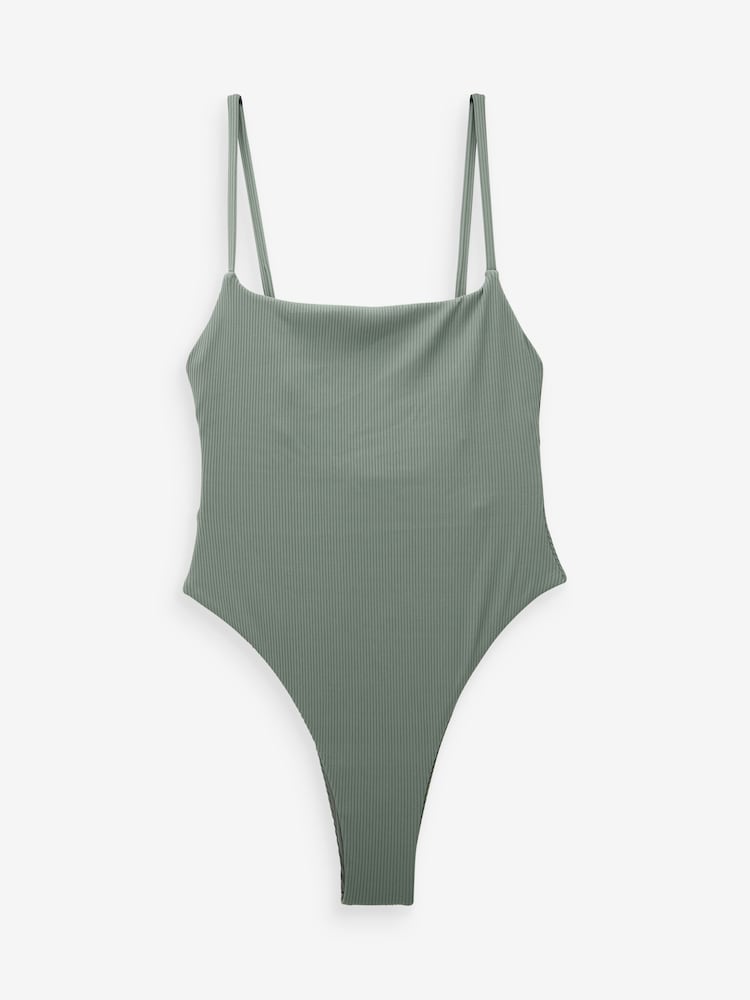 self. Khaki Green Rib Self Square Neck High Leg Swimsuit - Image 7 of 7