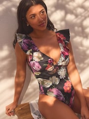 Black Photographic Floral Frill Plunge Tummy Shaping Control Swimsuit - Image 1 of 6